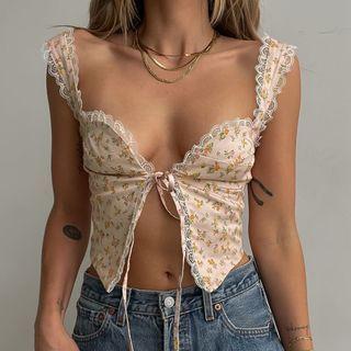 Lace Trim Tie-strap Cropped Camisole Top