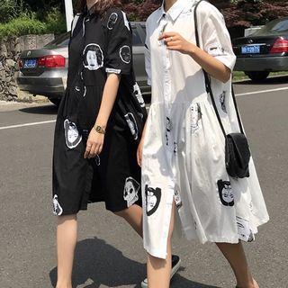 Elbow-sleeve Loose-fit Face Print Midi Shirtdress