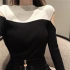 Two-tone Cut-out Knit Top Black & White - One Size