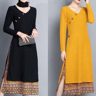 Mock Two-piece Long-sleeve Midi Knit Dress With Scarf