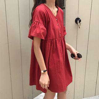 Frilled Short-sleeve V-neck A-line Dress