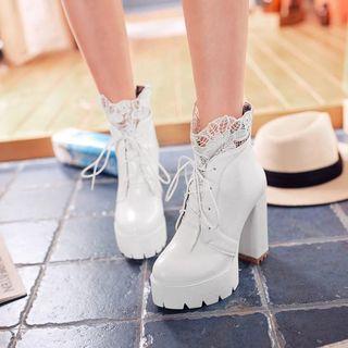 Block-heel Platform Lace-trim Ankle Boot
