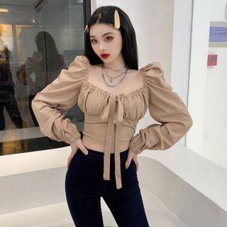 Puff Long-sleeve Tie-neck Crop Top