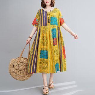 Short-sleeve Print Midi Dress Yellow - One Size