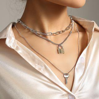 Key Lock Pendant Layered Necklace 1 Pc - Nz898 - Key Lock Pendant Layered Necklace - Silver - One Size