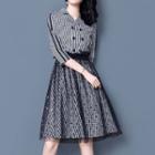Mesh Panel Plaid Elbow-sleeve A-line Coat Dress