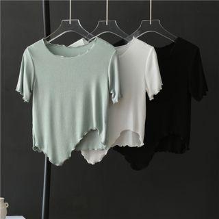 Short-sleeve Lettuce Edge Asymmetrical Hem T-shirt