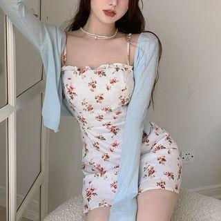 Plain Light Jacket / Sleeveless Floral Print Slim-fit Dress