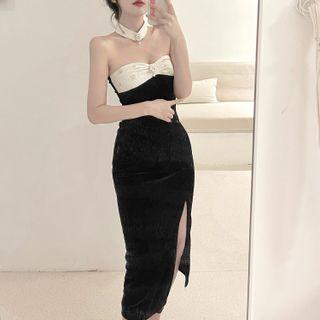 Strapless Two-tone Midi Sheath Dress