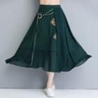 Floral Embroidered Midi A-line Skirt Green - One Size