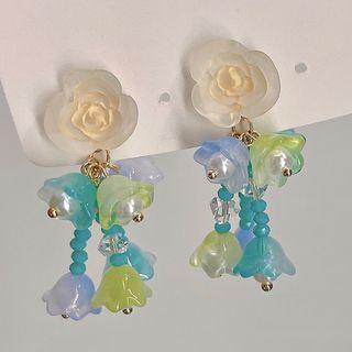 Flower Drop Earring C-855 - 1 Pair - White & Aqua Green & Blue - One Size