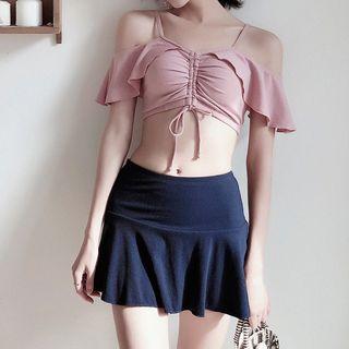 Set: Cold-shoulder Drawstring Swim Top + Swim Skirt