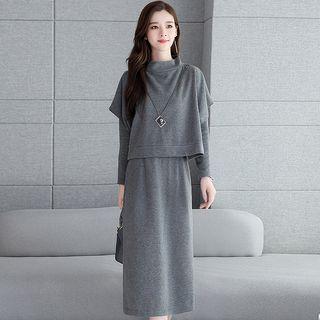 Set: Long-sleeve Midi Knit Dress + Cap-sleeve Top