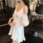 Long-sleeve Cold-shoulder Ruffled A-line Dress