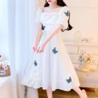 Set: Puff-sleeve Cropped Top + Midi A-line Skirt