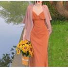 Set: Plain Elbow-sleeve Cardigan + Plain V-line Slipdress