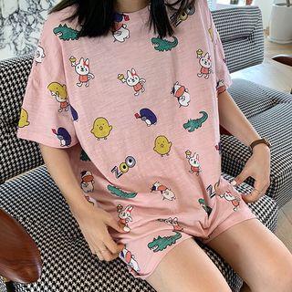Loungewear Set: Short-sleeve Cartoon Print T-shirt + Shorts