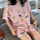 Loungewear Set: Short-sleeve Cartoon Print T-shirt + Shorts