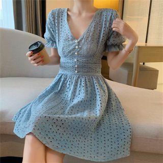 Short-sleeve V-neck Cutout Dress