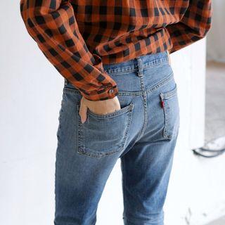 Slit-knee Washed Straight-cut Jeans