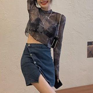 Semi Turtleneck Tie-dye Ruffle Trim Sheer Top