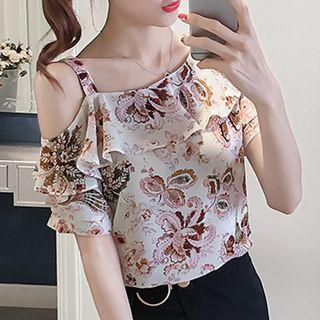 Short-sleeve Cold-shoulder Floral Print Top