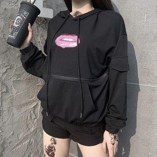 Lips Print Zip Detail Hoodie
