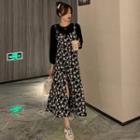 3/4-sleeve Mock Two-piece Flower Print Midi Dress