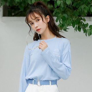 Letter Embroidered Long-sleeve T-shirt Light Blue - One Size