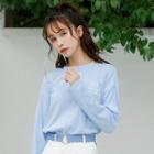 Letter Embroidered Long-sleeve T-shirt Light Blue - One Size