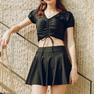 Set: Short-sleeve Drawstring Swim Top + Swim Skirt