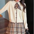 Ribbon Accent Cardigan / Plaid Mini Pleated Skirt / Set