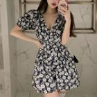 Short-sleeve Floral Print Wide Leg Romper