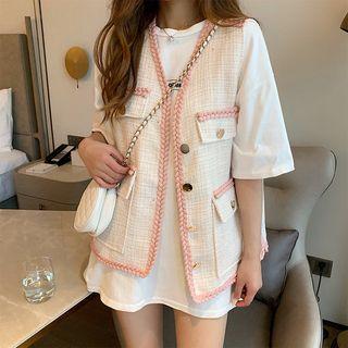 Braided Trim Buttoned Tweed Vest