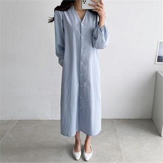 V-neck Balloon-sleeve Shirtdress With Sash