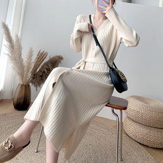 Long-sleeve Button Knit Midi Dress