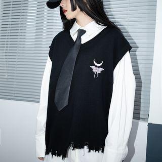 Butterfly Embroidered Ripped Knit Vest