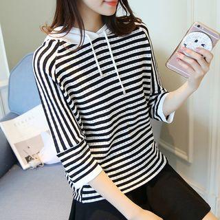 Striped 3/4-sleeve Knit Hoodie