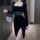 Long-sleeve Square-neck Velvet Slit Dress