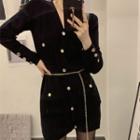 Set: Long-sleeve Button-up Velvet Mini Sheath Dress + Waist Chain Black - One Size