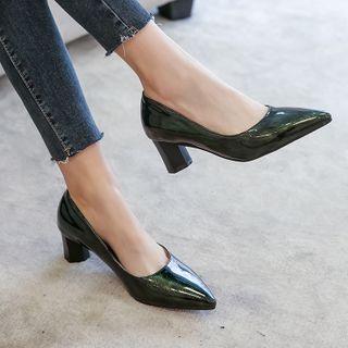 Faux Patent Pointy-toe Chunky Heel Pumps