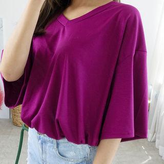 V-neck Elbow-sleeve Long T-shirt