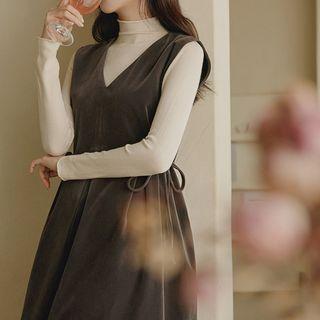 Set: Tie-side Velvet Midi Overall Dress + Top