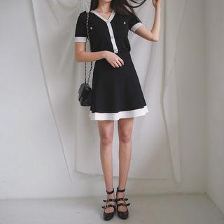 Set: Contrast-trim Short-sleeve Cardigan + Mini Skirt
