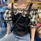 Mock Two-piece Short-sleeve Cold Shoulder Plaid Top