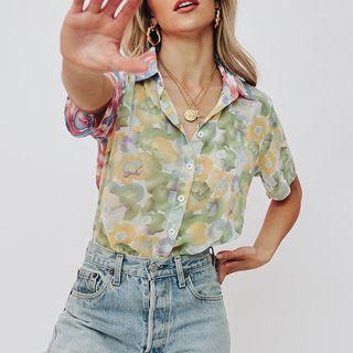 Short-sleeve Collar Floral Print Chiffon Shirt