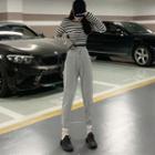 Long-sleeve Striped Cropped T-shirt / Sweatpants