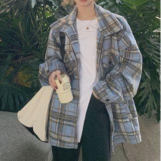 Plaid Button-up Jacket Plaid - Gray & Blue - One Size
