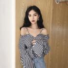 Stand-collar Off-shoulder Long-sleeved Straight Striped Long Camisole Top