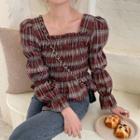 Plaid Bell-sleeve Crinkle Peplum Blouse As Shown In Figure - One Size